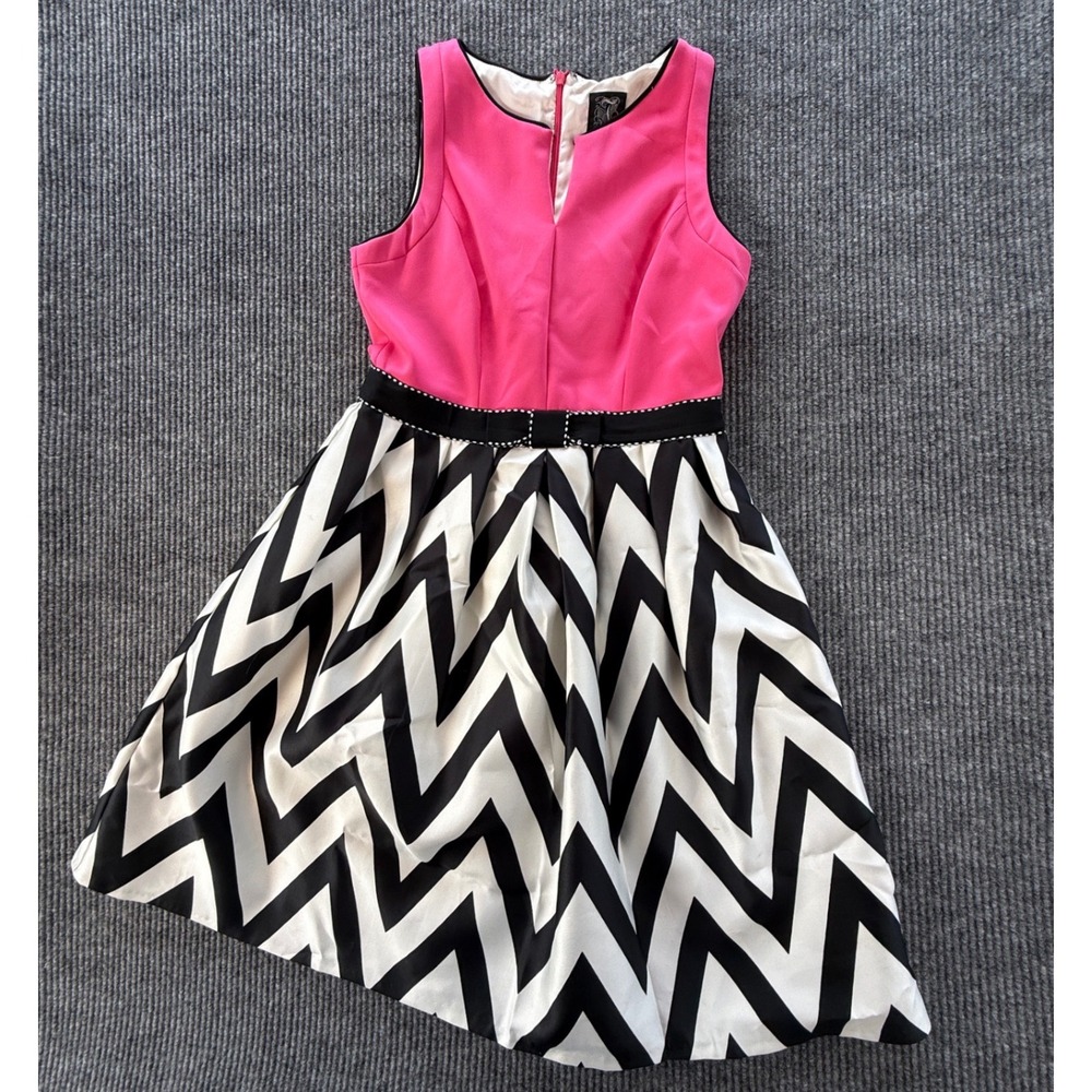 Jax Pink Black White Chevron Fit Flare Dress Bow Waist Sz 8